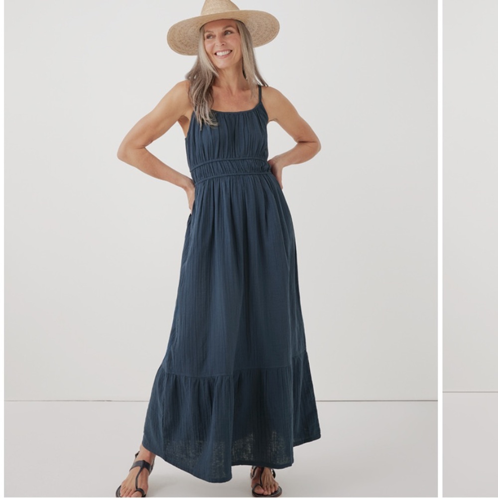Pact Coastal Gauze Navy Maxi Dress Organic Cotton Large